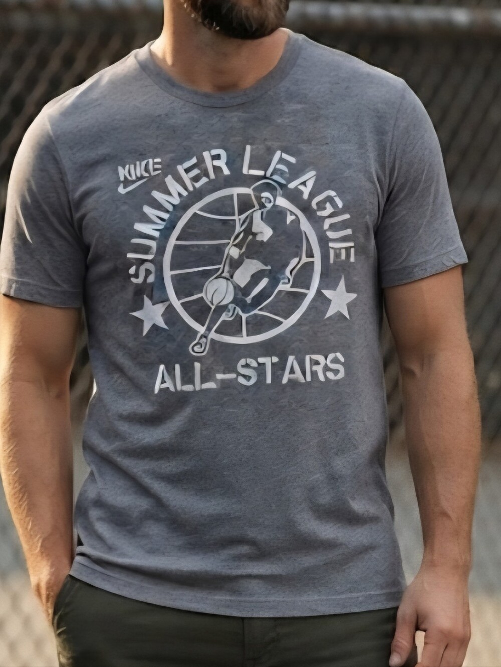 Vintage Nike Basketball Summer League All Stars Tee Light Blue Heather Size LG